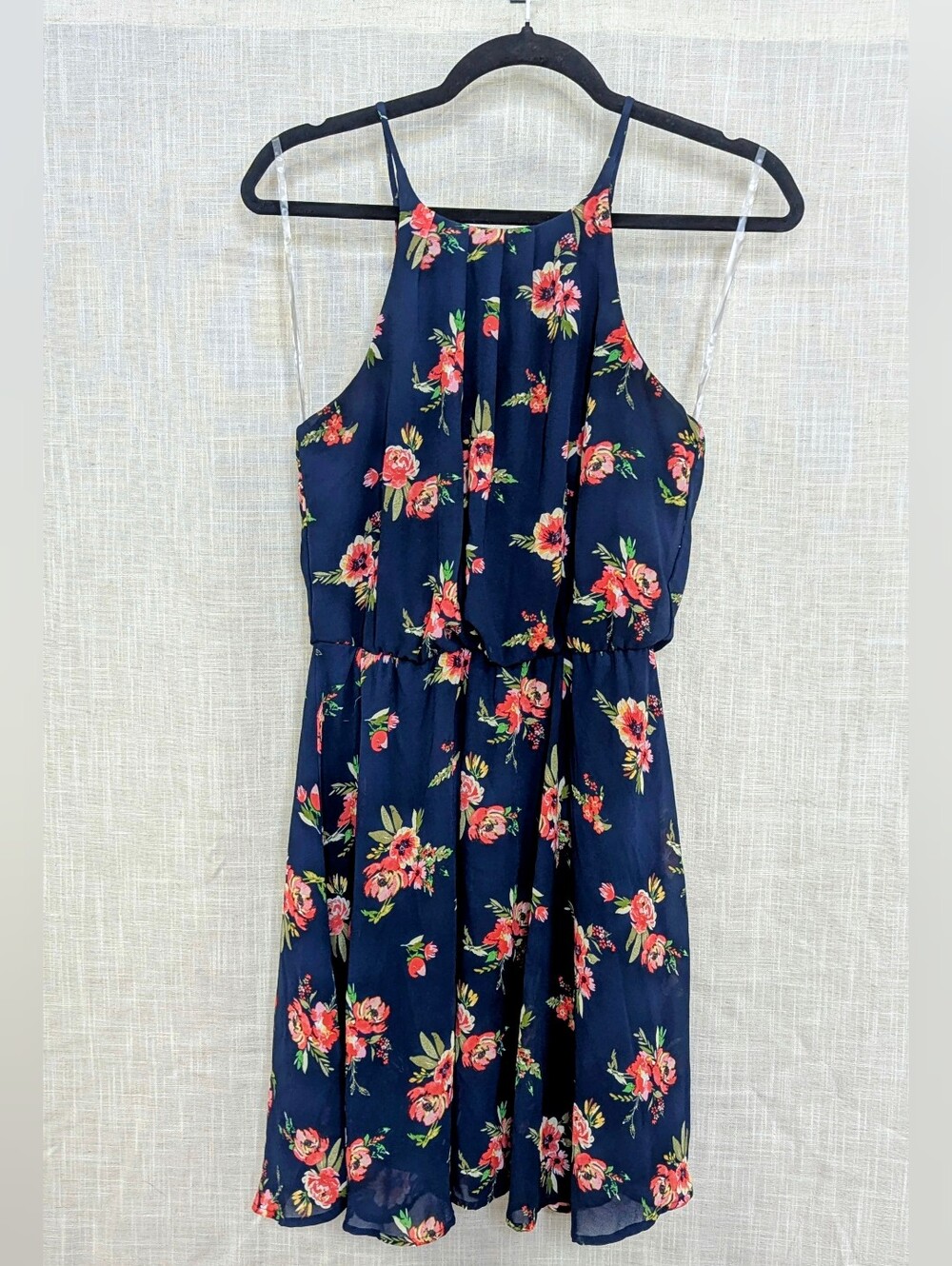 Blue Rain Navy Floral Halter Keyhole Dress L